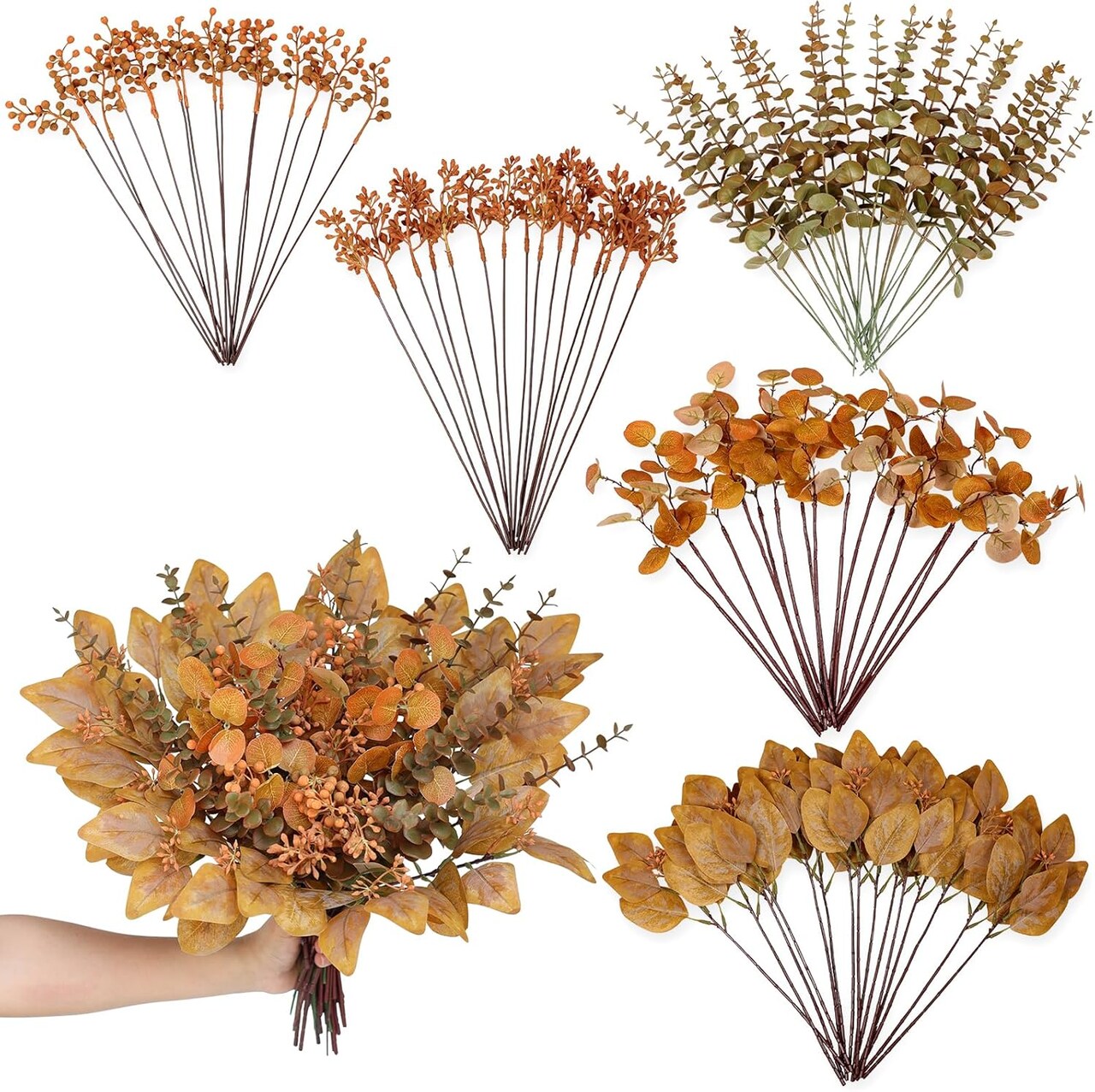 120 PCS Mixed Artificial Eucalyptus Stems with Berries – Faux Greenery Bundle for DIY Bouquets, Wedding, Fall Arrangements & Home Decor